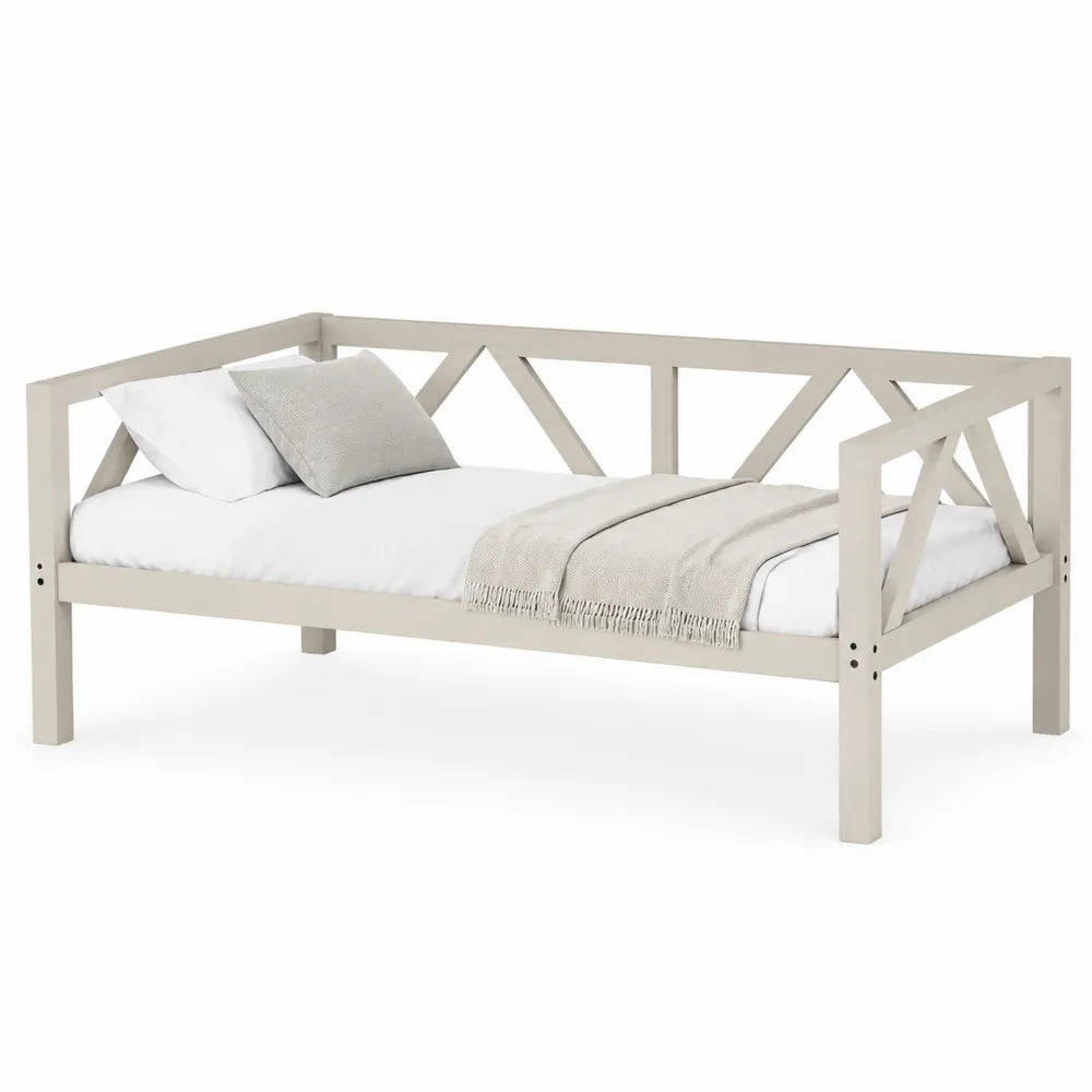 Letto singolo tipo daybed 200 x 90 x 80 cm struttura in MDF e truciolare verniciato beige con schienale laterale a griglia