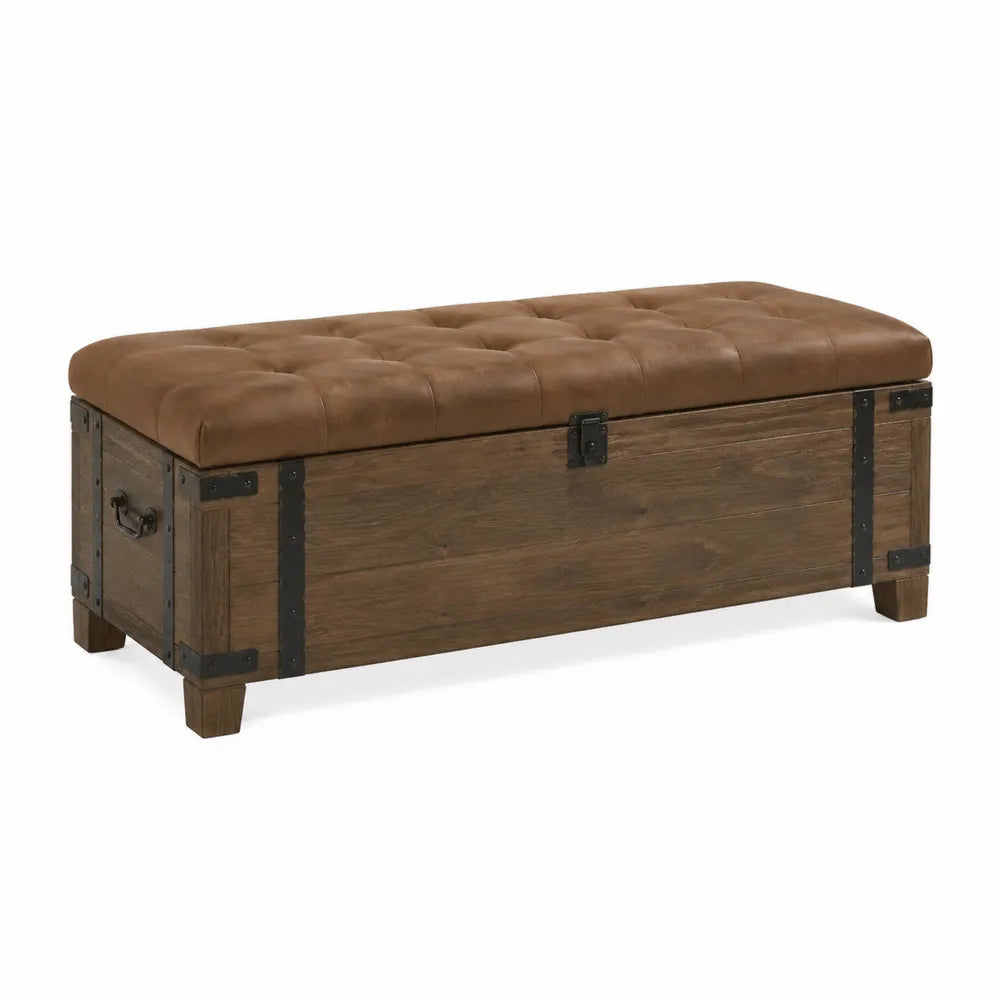 panca contenitore imbottita in PU marrone struttura in legno e metallo stile industriale 110 cm x 45 cm x 45 cm