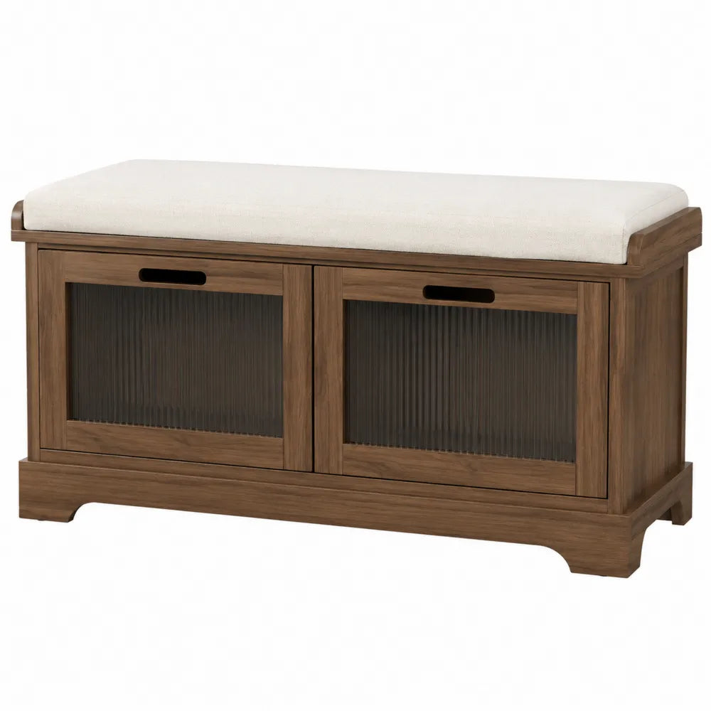 Panca contenitore con seduta imbottita in tessuto poliestere beige struttura in MDF effetto noce ante in vetro rigato 120 x 40 x 50 cm marrone beige