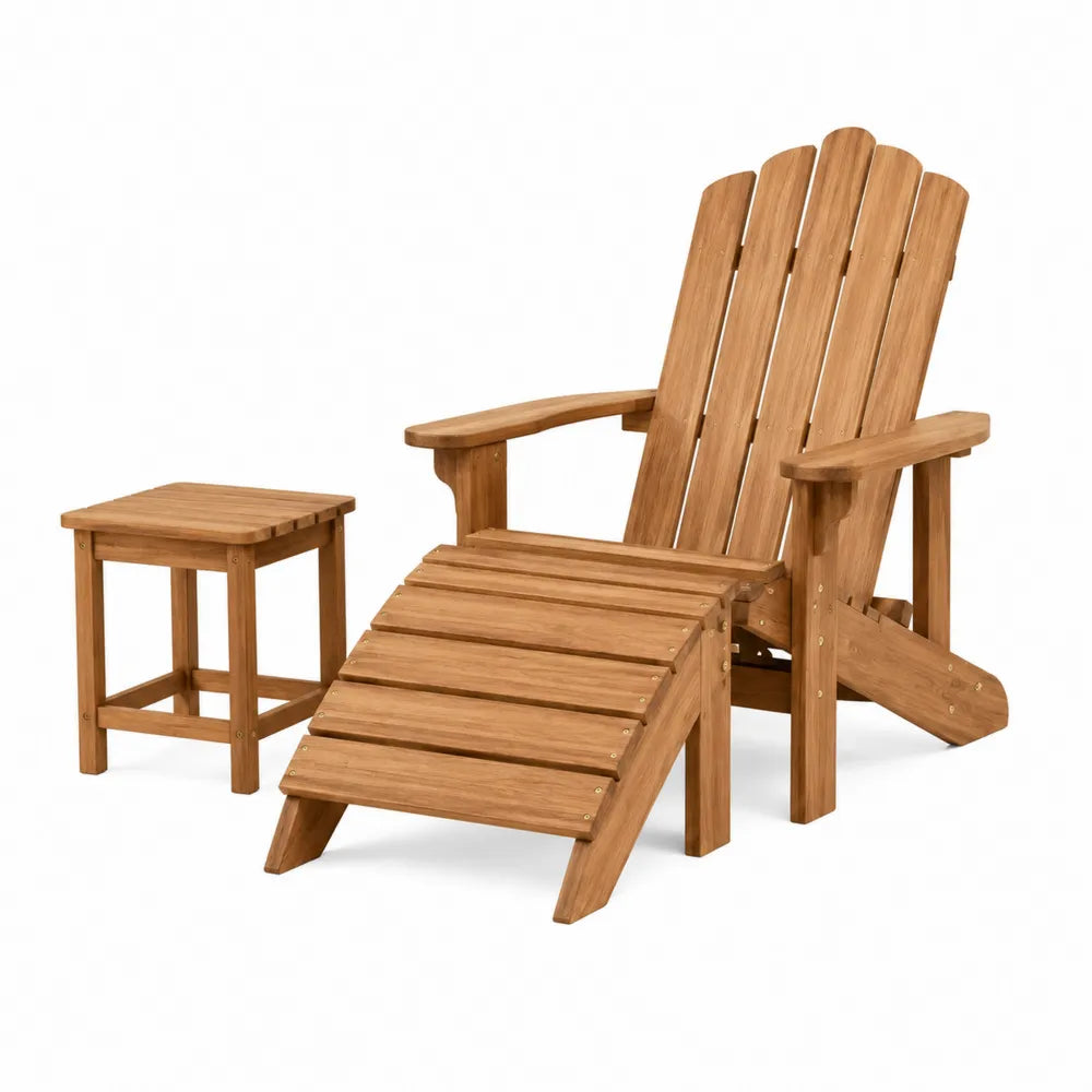 Set mobili da esterno sedia reclinabile stile Adirondack in legno massello di acacia colore naturale con poggiapiedi e tavolino laterale dimensioni 90 x 75 x 95 cm