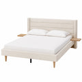Letto matrimoniale 180 x 200 cm struttura in MDF rivestita in tessuto effetto lino beige con testiera imbottita e gambe in legno