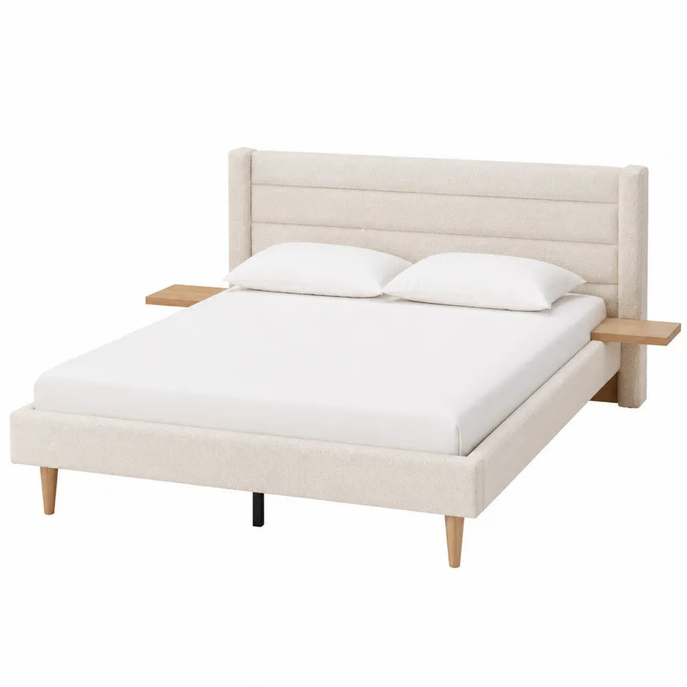 Letto matrimoniale 180 x 200 cm struttura in MDF rivestita in tessuto effetto lino beige con testiera imbottita e gambe in legno