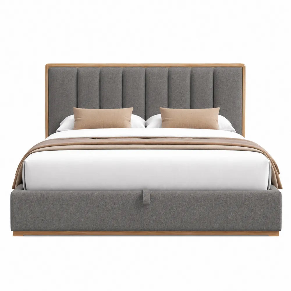 Letto matrimoniale imbottito per materasso 160 x 200 cm con testiera a pannelli verticali rivestimento in tessuto poliestere grigio cornice effetto legno naturale