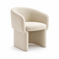 Poltrona in tessuto bouclé beige con struttura in legno massello e braccioli curvi stile moderno senza dimensioni specificate