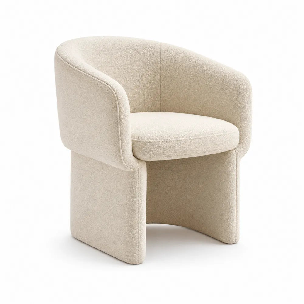 Poltrona in tessuto bouclé beige con struttura in legno massello e braccioli curvi stile moderno senza dimensioni specificate