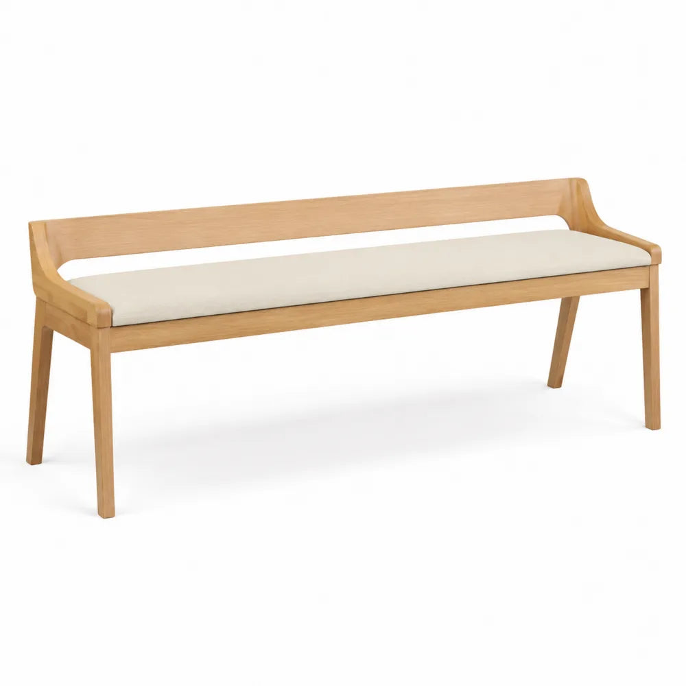 panca in legno massello di faggio con schienale e cuscino in tessuto poliestere beige struttura colore legno naturale chiaro 150 cm
