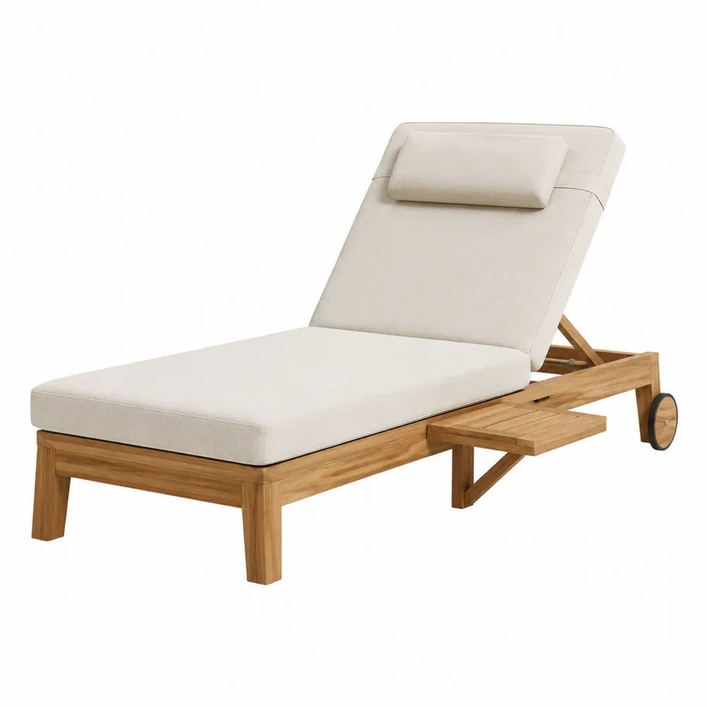 Lettino prendisole da esterno 200 cm x 65 cm x 30 cm in legno massello di acacia con ruote schienale reclinabile e tavolino laterale
