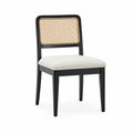 Sedia da pranzo con schienale in rattan naturale struttura in legno verniciato nero seduta imbottita in tessuto colore beige dimensioni 55 cm x 55 cm x 80 cm