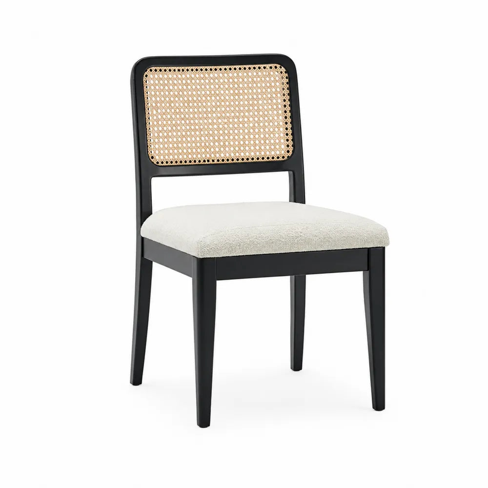 Sedia da pranzo con schienale in rattan naturale struttura in legno verniciato nero seduta imbottita in tessuto colore beige dimensioni 55 cm x 55 cm x 80 cm