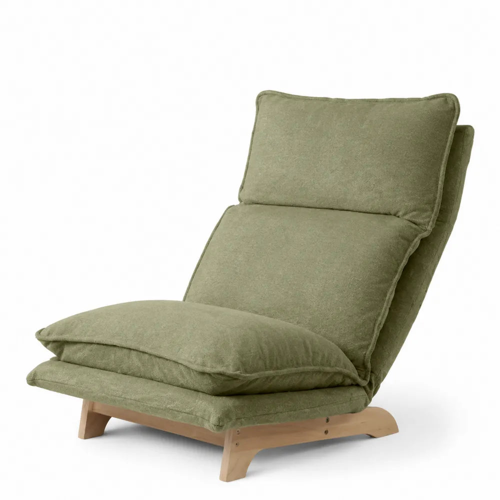 Poltrona lounge con cuscino removibile 75x80x90 cm rivestimento in tessuto verde con struttura in legno massello e gambe in legno naturale