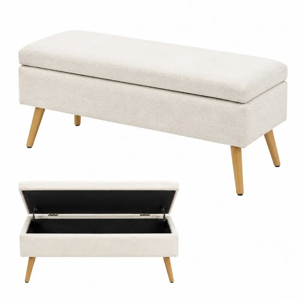 Panca contenitore imbottita in tessuto bouclé poliestere beige con struttura in MDF e gambe in legno massello 100 x 40 x 45 cm