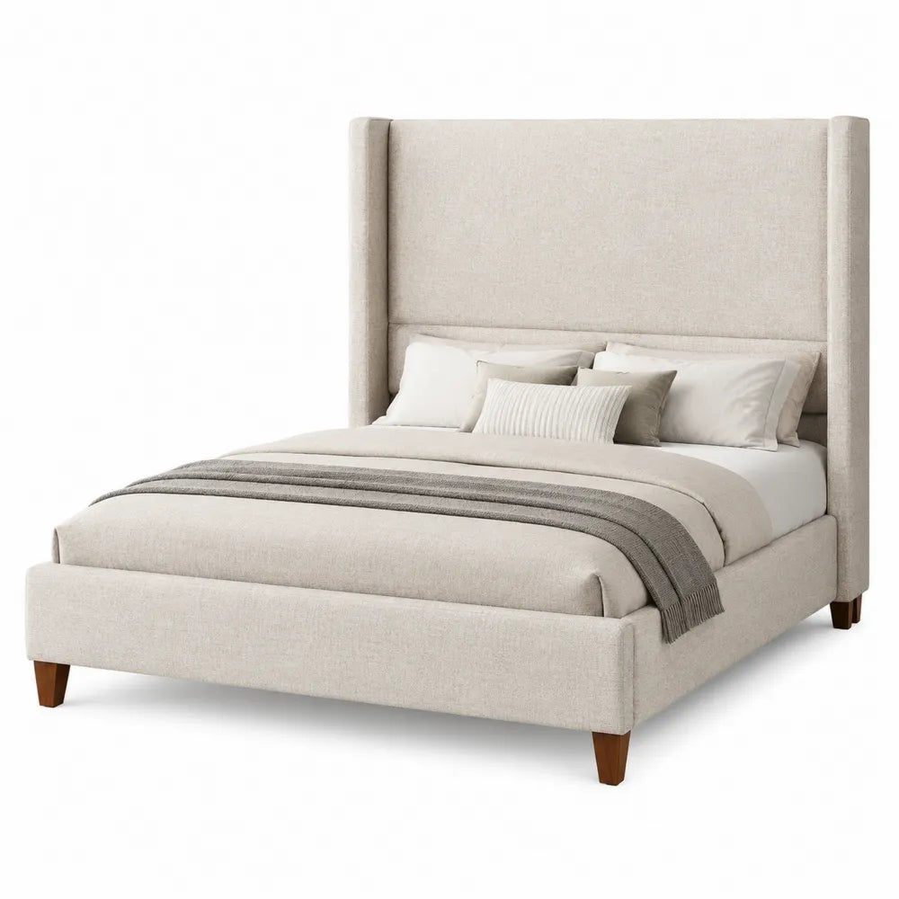 Letto matrimoniale imbottito per materasso 160 x 200 cm con testiera alta rivestimento in tessuto poliestere beige gambe in legno marrone