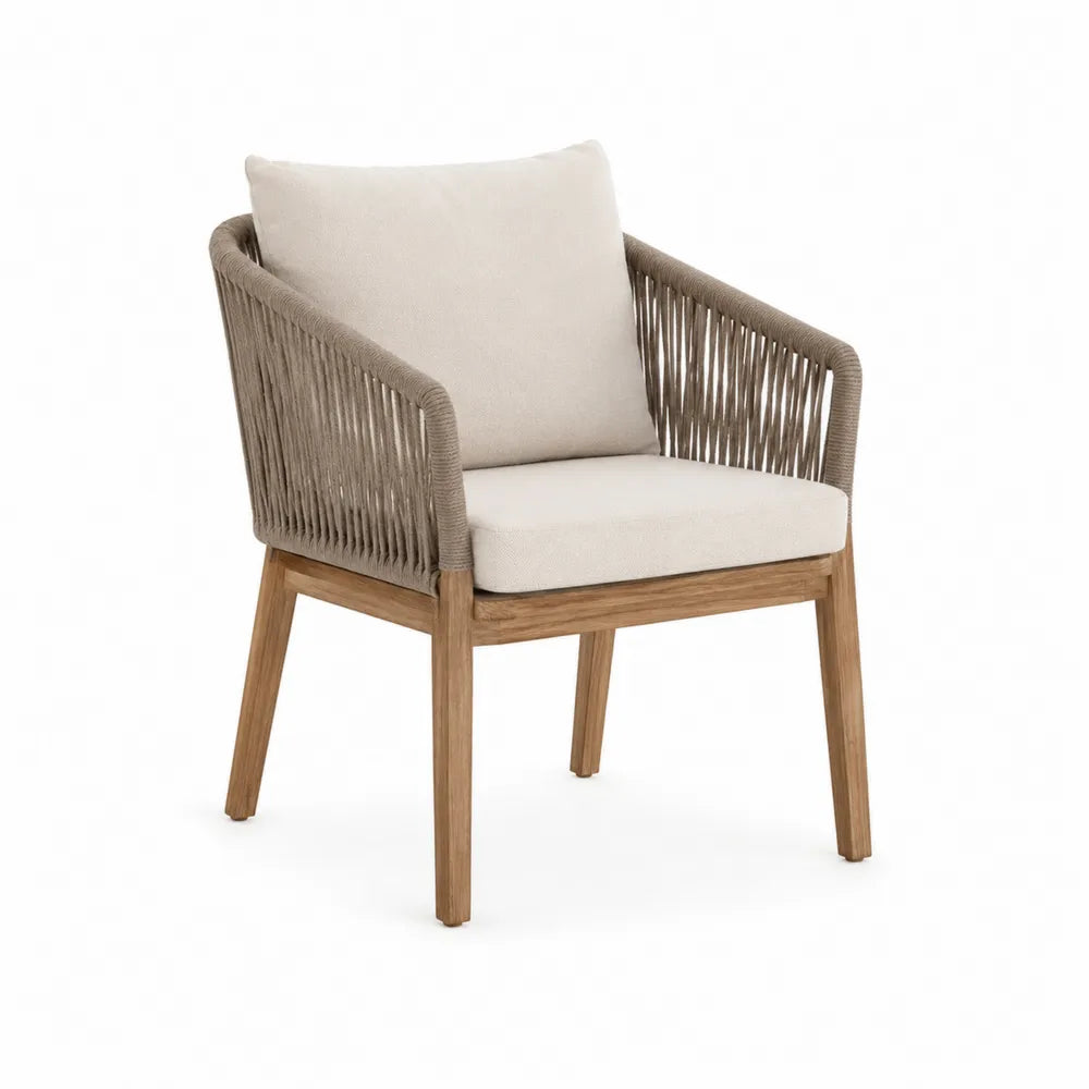 Sedia da esterno con braccioli 62 cm x 60 cm x 75 cm in legno massello e corda intrecciata con cuscini in tessuto poliestere beige