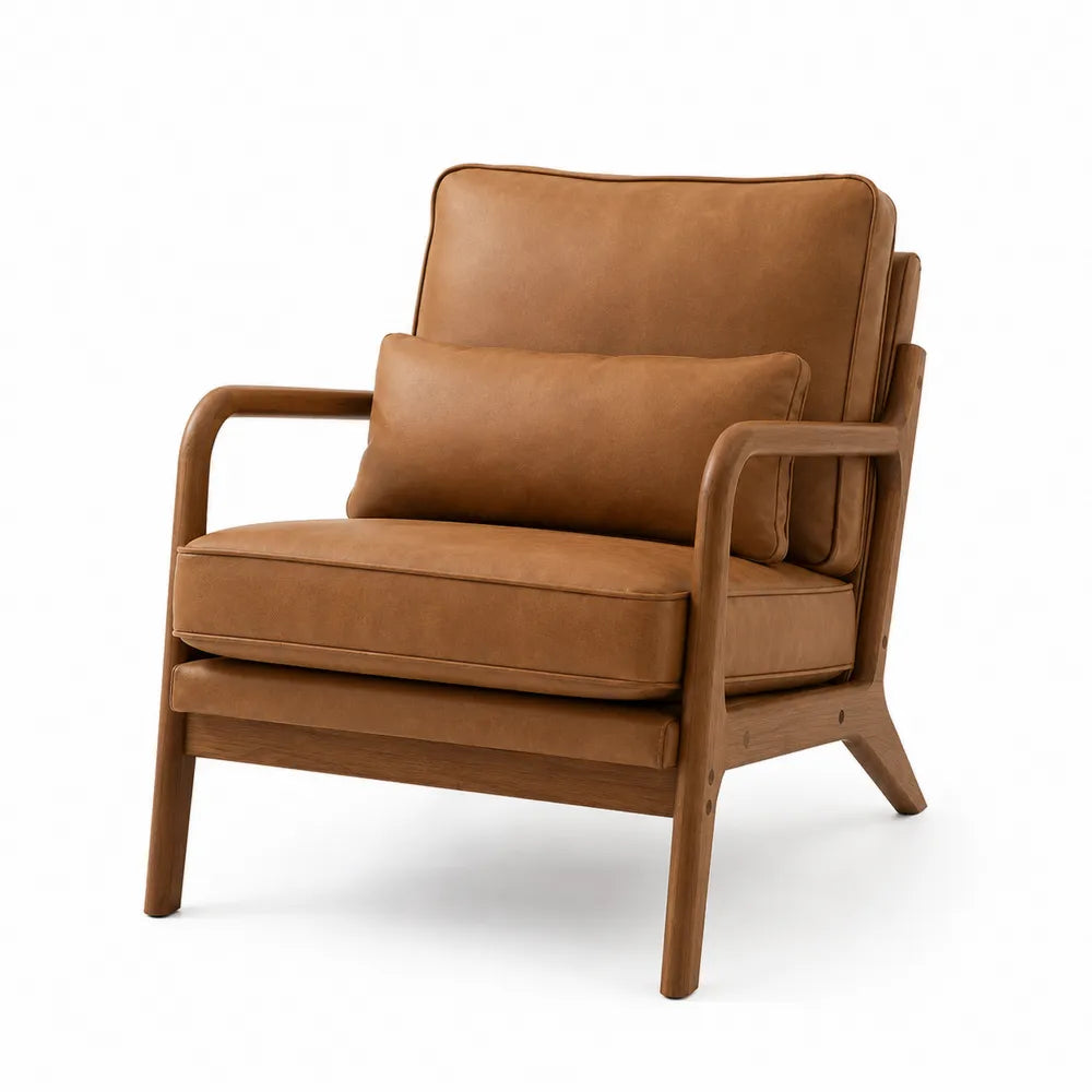 Poltrona in PU marrone con struttura in legno massello braccioli integrati e cuscino rimovibile design moderno 82 cm x 85 cm x 88 cm circa