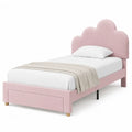 Letto singolo 90 x 200 cm con testiera a forma di nuvola rivestito in tessuto rosa con cassetti contenitore inferiori e struttura in legno