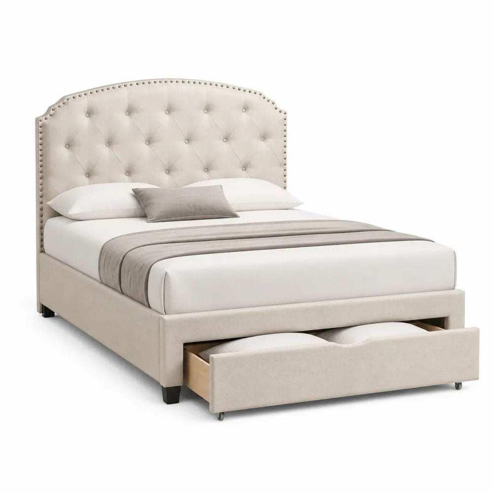 Letto matrimoniale contenitore rettangolare in tessuto poliestere beige chiaro con testiera capitonné cassetto frontale e rete a doghe 160 x 200 cm