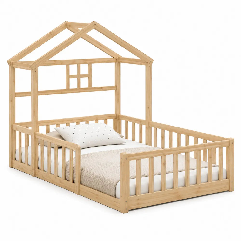 Letto singolo per bambini a casetta in legno massello di pino naturale con sponde e rete a doghe 90 x 200 cm altezza 170 cm